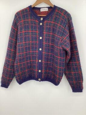 Vintage Edinburgh Mohair Plaid Button-Front Cardigan